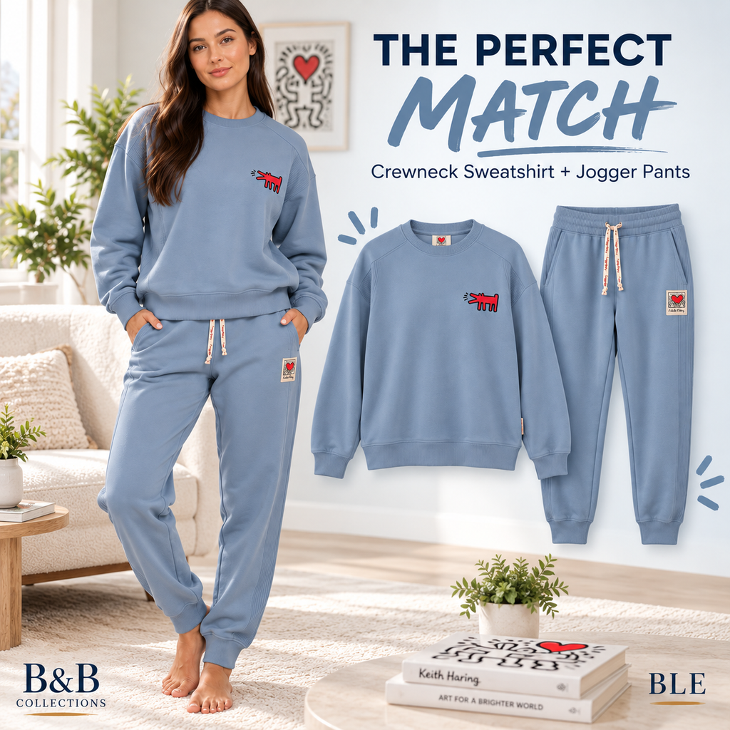 Keith Haring Women's 2-Piece Crewneck Sweatshirt & Jogger Fleece Lounge Set, Blue, X-Large
