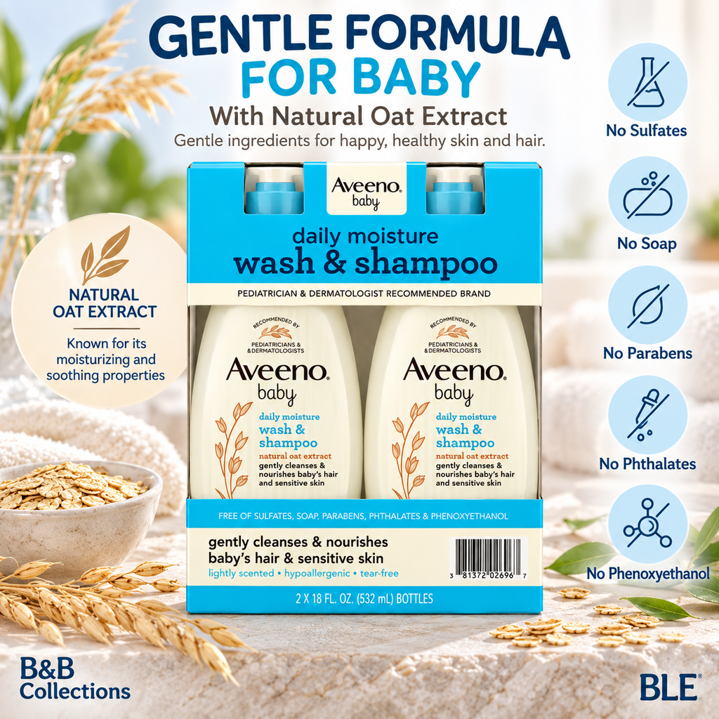 Aveeno Baby Daily Moisture Wash & Shampoo with Natural Oat Extract, Tear-Free & Hypoallergenic, 18 fl. oz. Each, 2-Pack