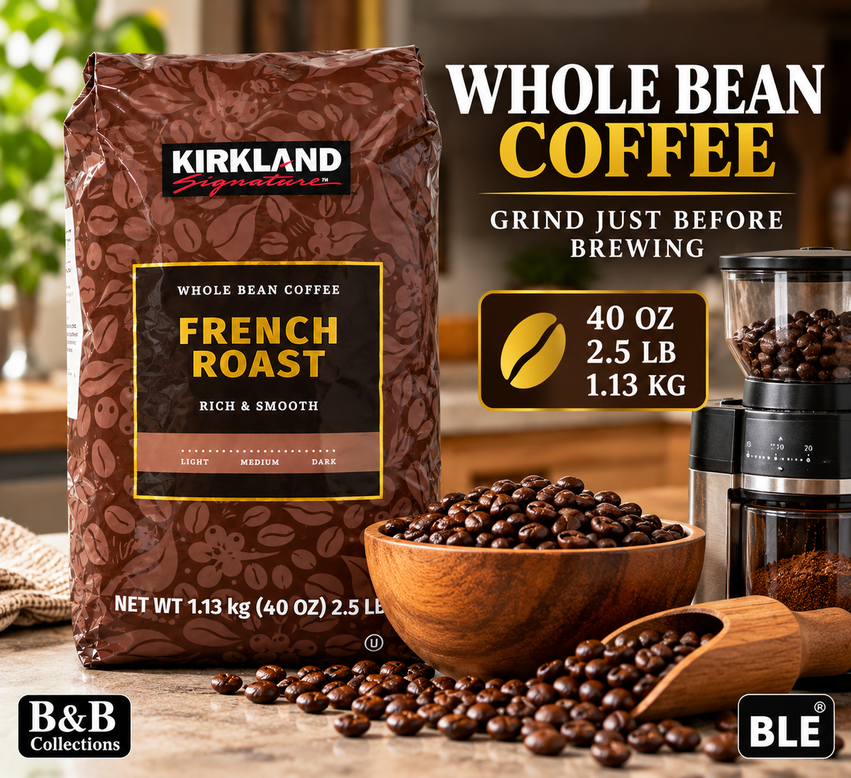 Kirkland Signature French Roast Whole Bean Coffee, Rich & Smooth Dark Roast Arabica Blend, 40 oz (2.5 lb / 1.13 kg)