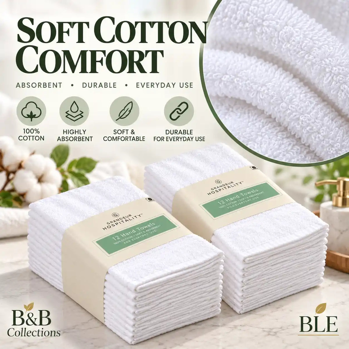 Grandeur Hospitality White Hand Towels, Soft & Absorbent Cotton Towels for Bathroom, Guest Room, Hotel & Spa, 12 Count per Bundle (2-Pack, 24 Towels Total)