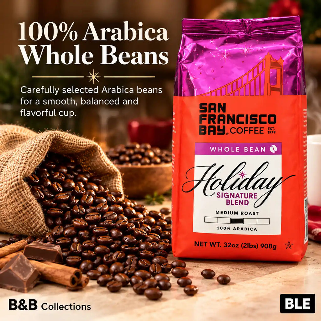 San Francisco Bay Coffee Holiday Signature Blend, Medium Roast, 100% Arabica Whole Bean Coffee, Sweet & Smooth with Notes of Milk Chocolate & Baking Spices, 32 oz (2 lb)