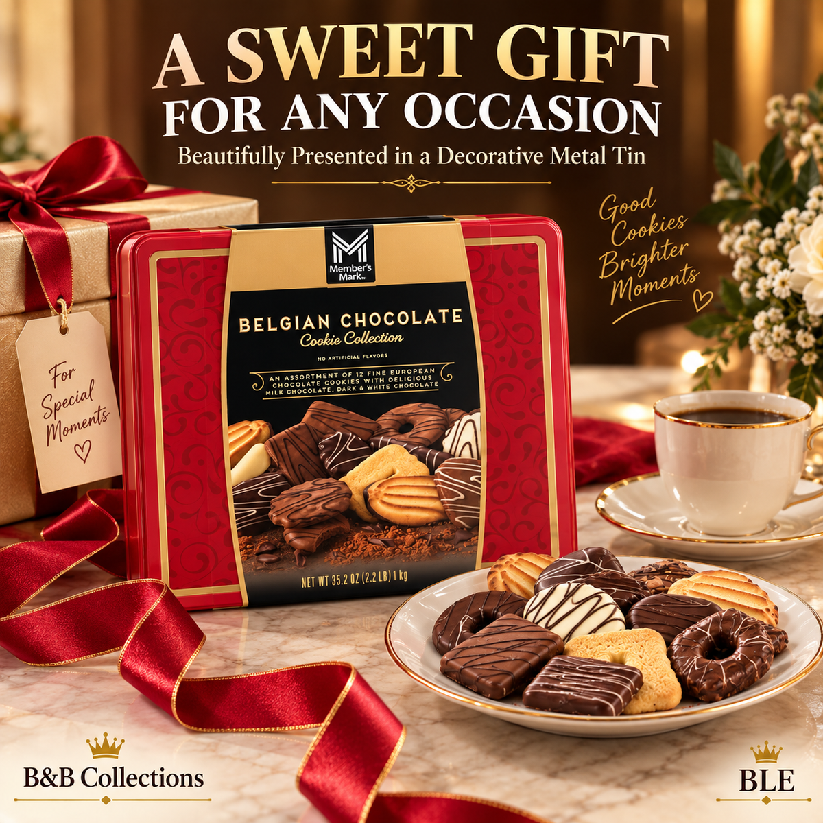Member’s Mark Belgian Chocolate Cookie Collection, 12 European Cookie Varieties, Milk, Dark & White Chocolate, 35.2 oz Gift Tin
