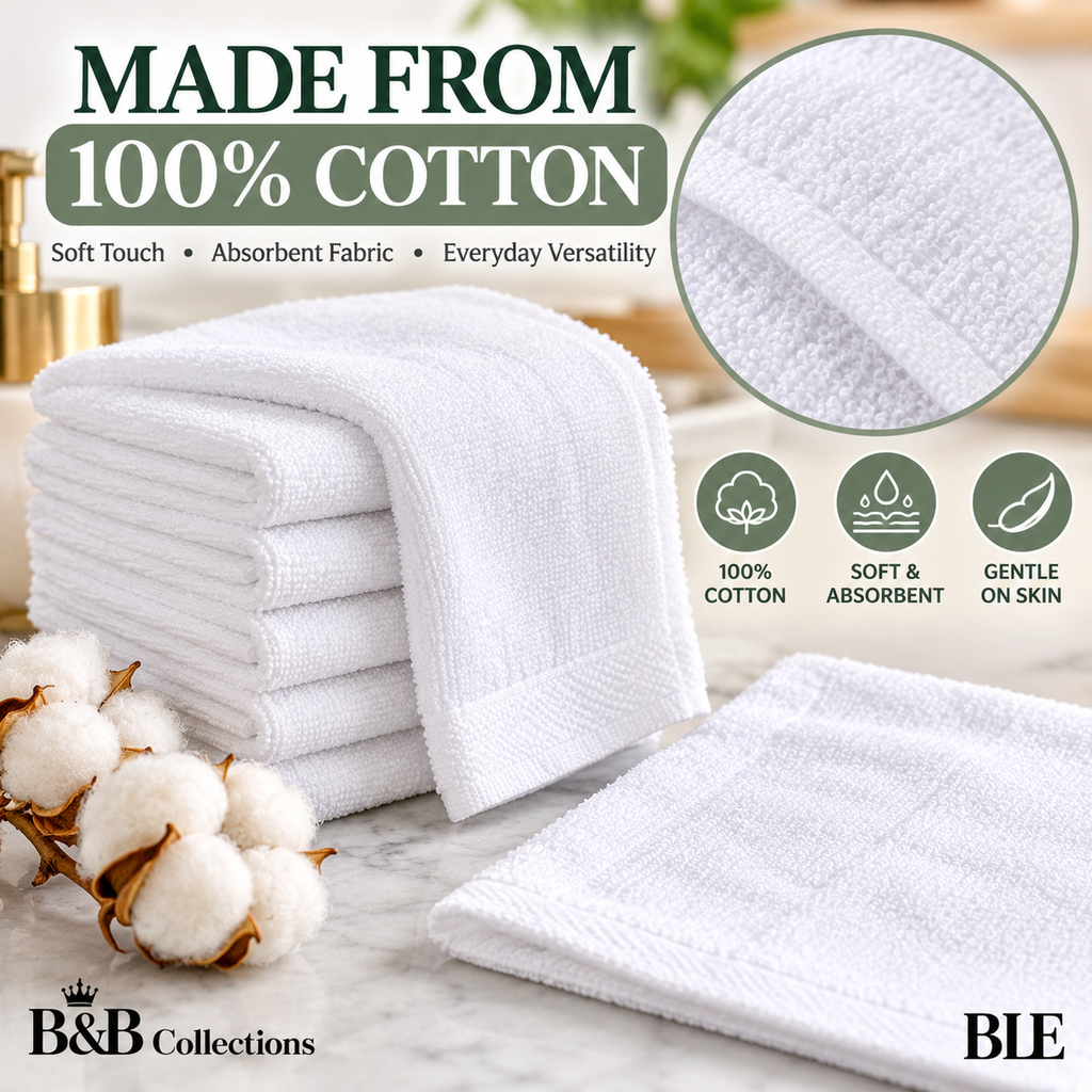 Grandeur Hospitality Washcloths, 100% Cotton, Soft & Absorbent, 13" x 13", White, 24-Pack, for Bathroom, Hotels, Spa & Everyday Use