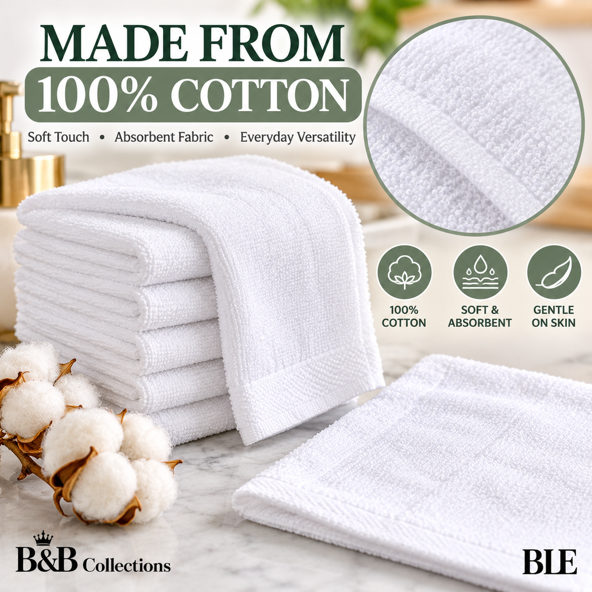 Grandeur Hospitality Washcloths, 100% Cotton, Soft & Absorbent, 13" x 13", White, 24-Pack, for Bathroom, Hotels, Spa & Everyday Use