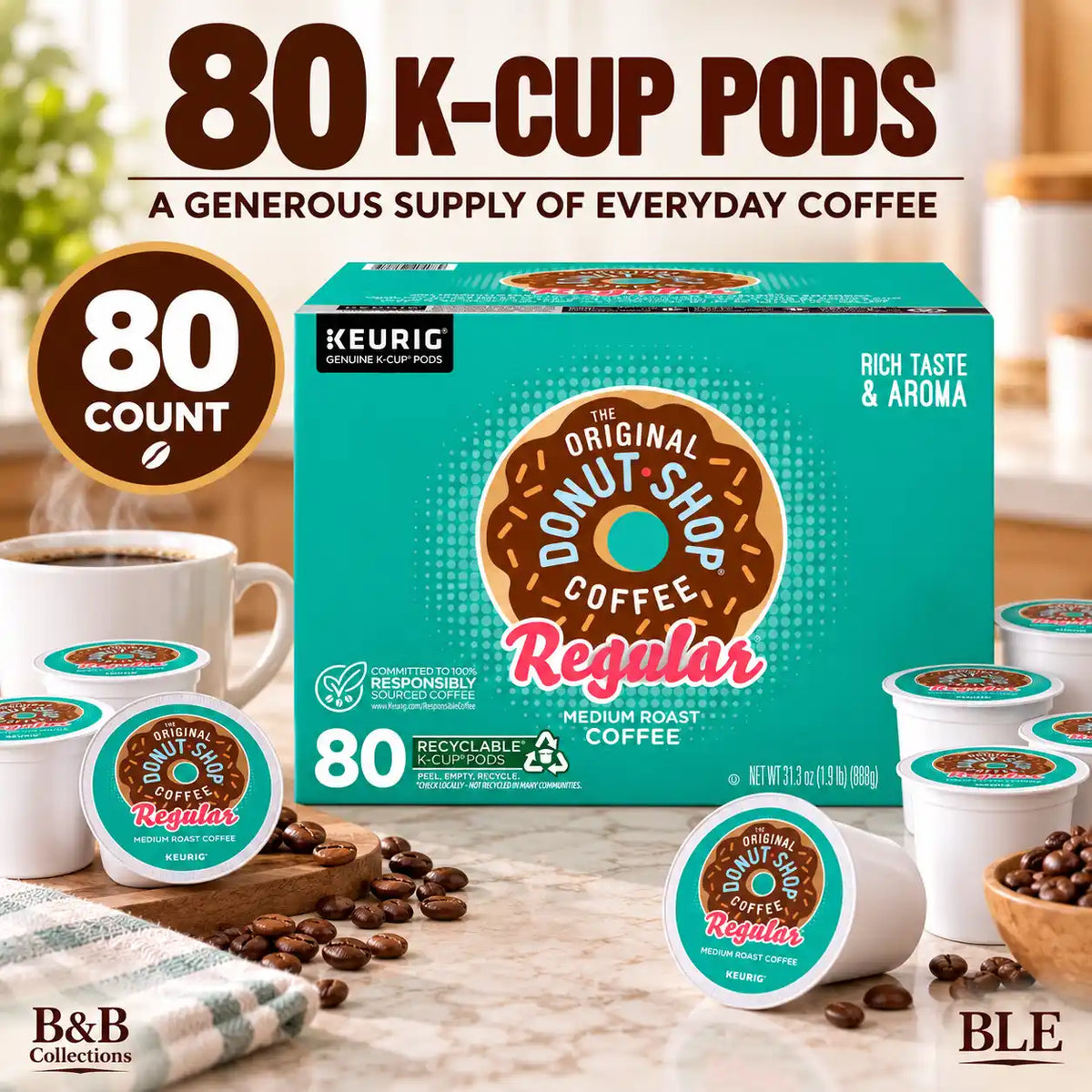 The Original Donut Shop Regular Medium Roast Coffee, Keurig Genuine K-Cup Pods, Rich Taste & Aroma, Recyclable Coffee Pods, 80 Count