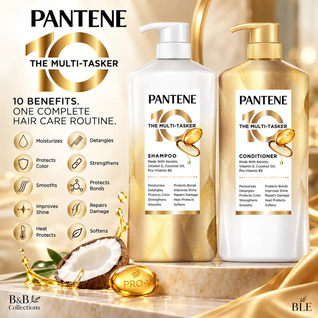 Pantene 10 The Multi-Tasker Shampoo & Conditioner Set, Keratin, Vitamin E, Coconut Oil & Pro-Vitamin B5, Moisturizing, Strengthening & Smoothing Hair Care, 2-Piece Set