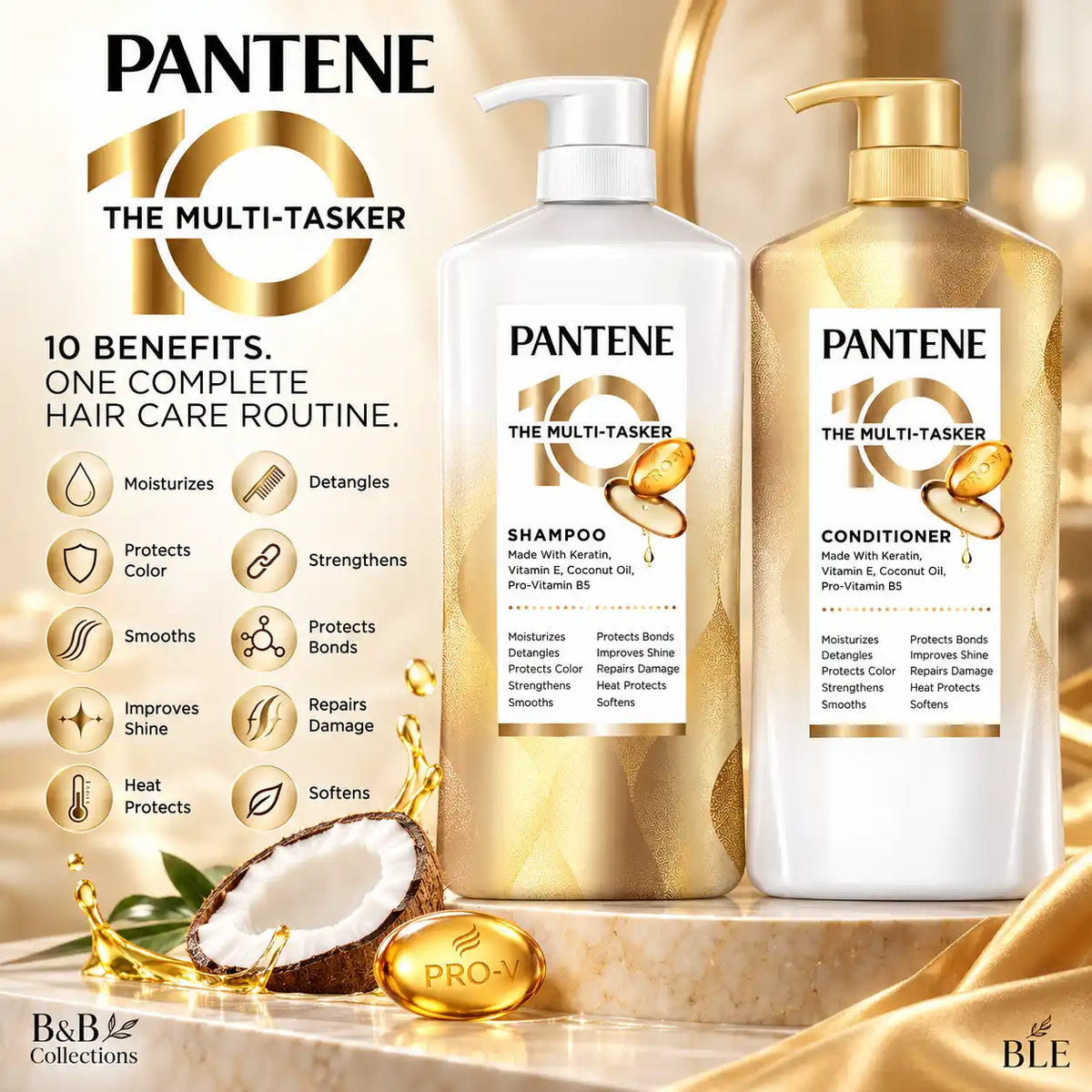 Pantene 10 The Multi-Tasker Shampoo & Conditioner Set, Keratin, Vitamin E, Coconut Oil & Pro-Vitamin B5, Moisturizing, Strengthening & Smoothing Hair Care, 2-Piece Set