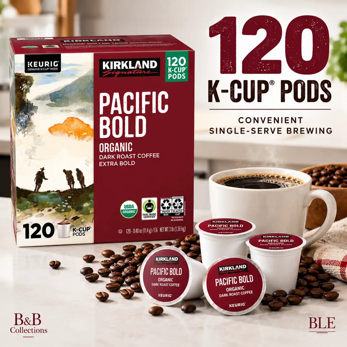 Kirkland Signature Pacific Bold Organic Dark Roast Coffee, Extra Bold, Fair Trade Certified, Keurig K-Cup Pods, 120 Count