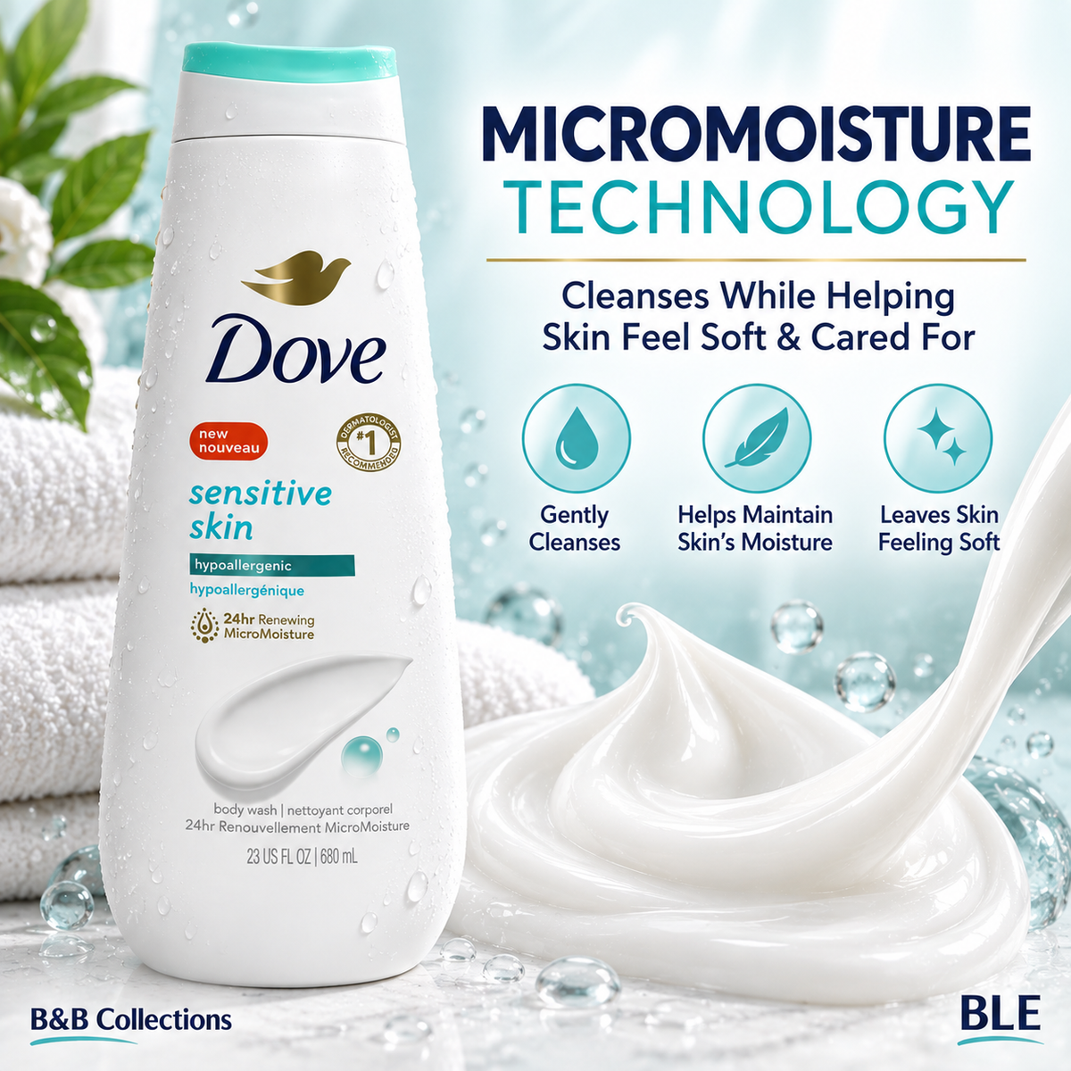 Dove Sensitive Skin Body Wash, Hypoallergenic, 23 fl oz