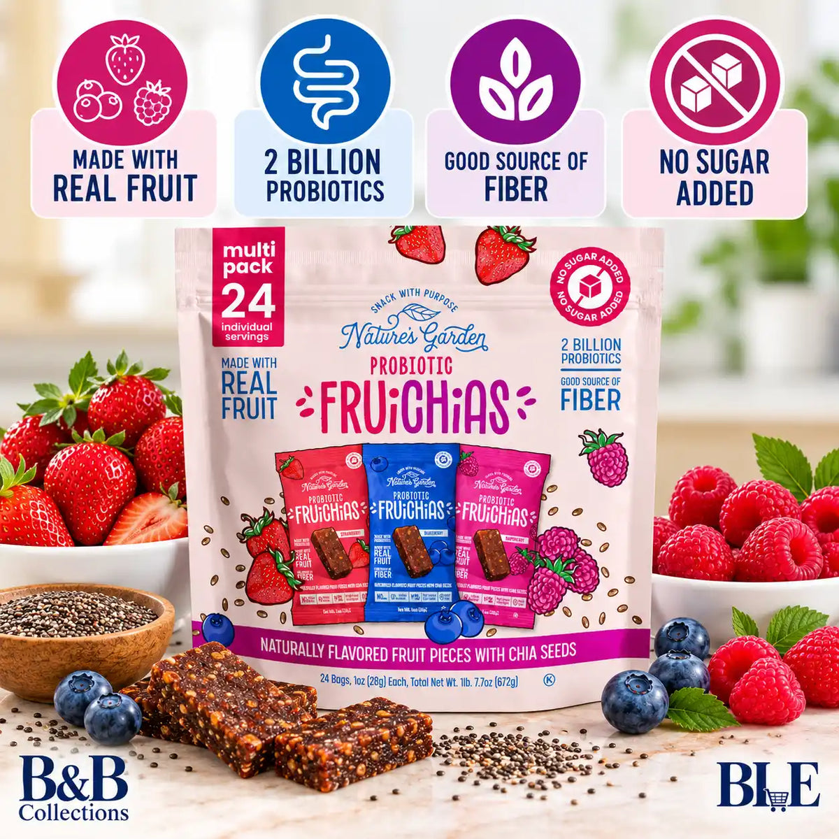 Nature’s Garden Probiotic FruiChias Fruit & Chia Snacks, Strawberry, Blueberry & Raspberry, No Sugar Added, 1 oz Bags, 24 Count, 24 oz Total