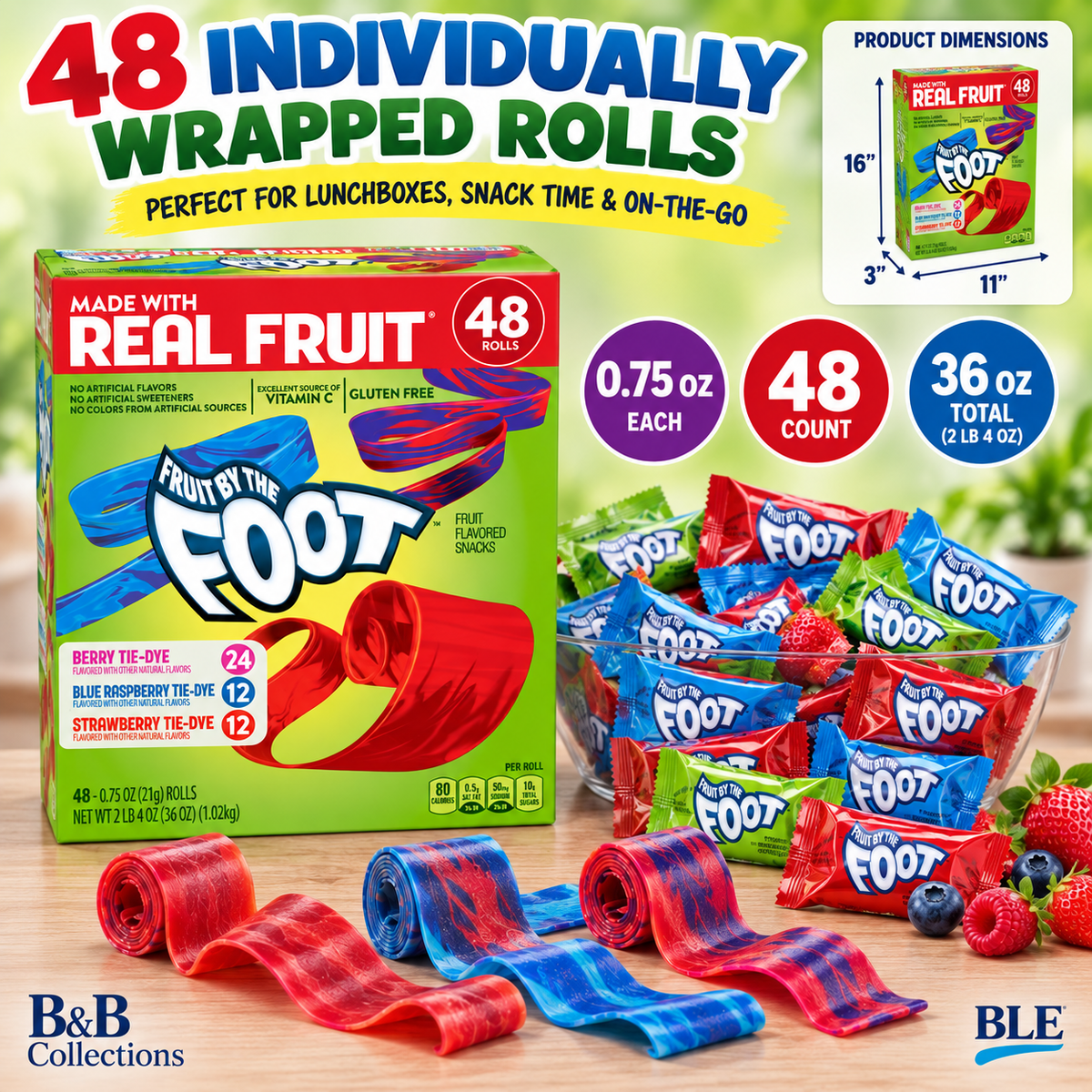 General Mills Fruit by the Foot Fruit Flavored Snacks, Variety Pack, 0.75 oz Rolls, 48 Count