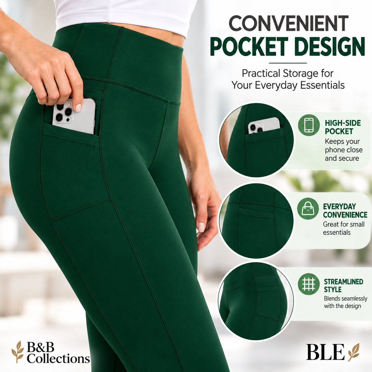 Danskin Women's Streamline Pocket Leggings, High-Waisted Full-Length Athletic Pants, Dark Emerald Green, Size Medium