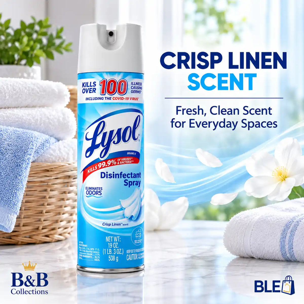 Lysol Disinfectant Spray, Crisp Linen Scent, Eliminates Odors, 19 oz (538 g)