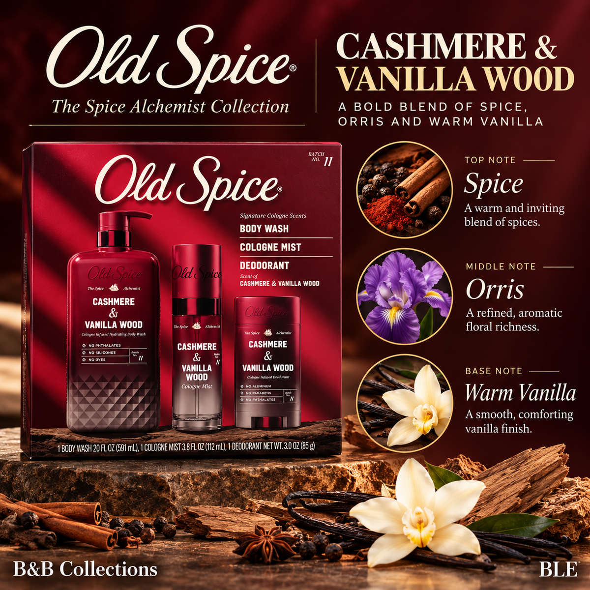 Old Spice The Spice Alchemist Cashmere & Vanilla Wood 3-Piece Gift Set, Body Wash 20 fl oz, Cologne Mist 3.8 fl oz & Deodorant 3 oz