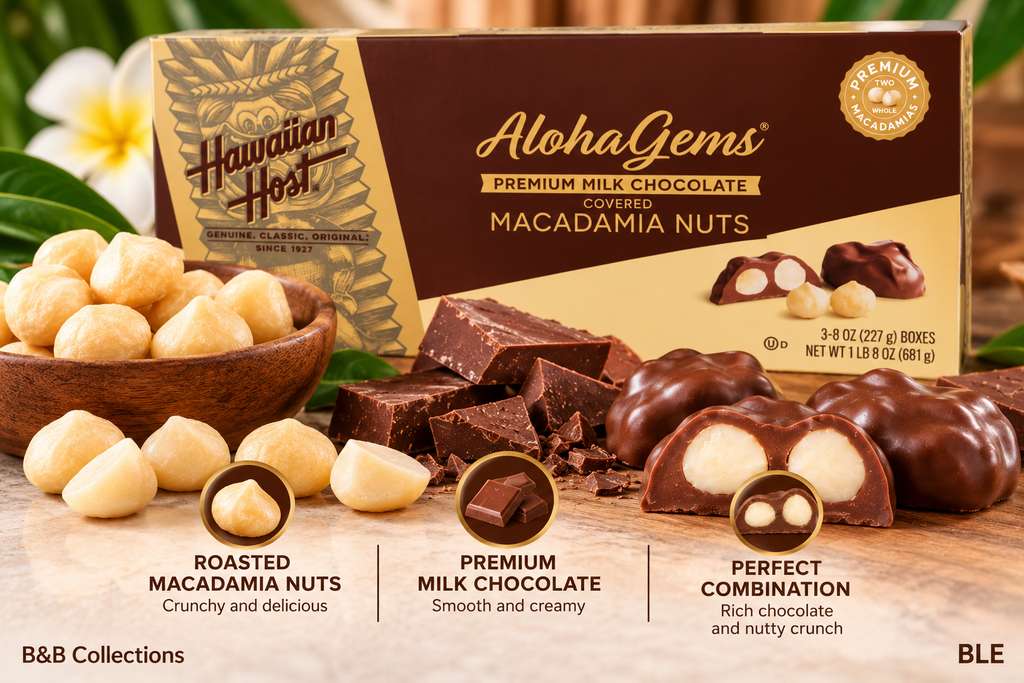 Hawaiian Host Aloha Gems Milk Chocolate Covered Macadamia Nuts, 8 oz Each, 3-Pack (24 oz Total), Premium Hawaiian Chocolate Candy, 42 Pieces