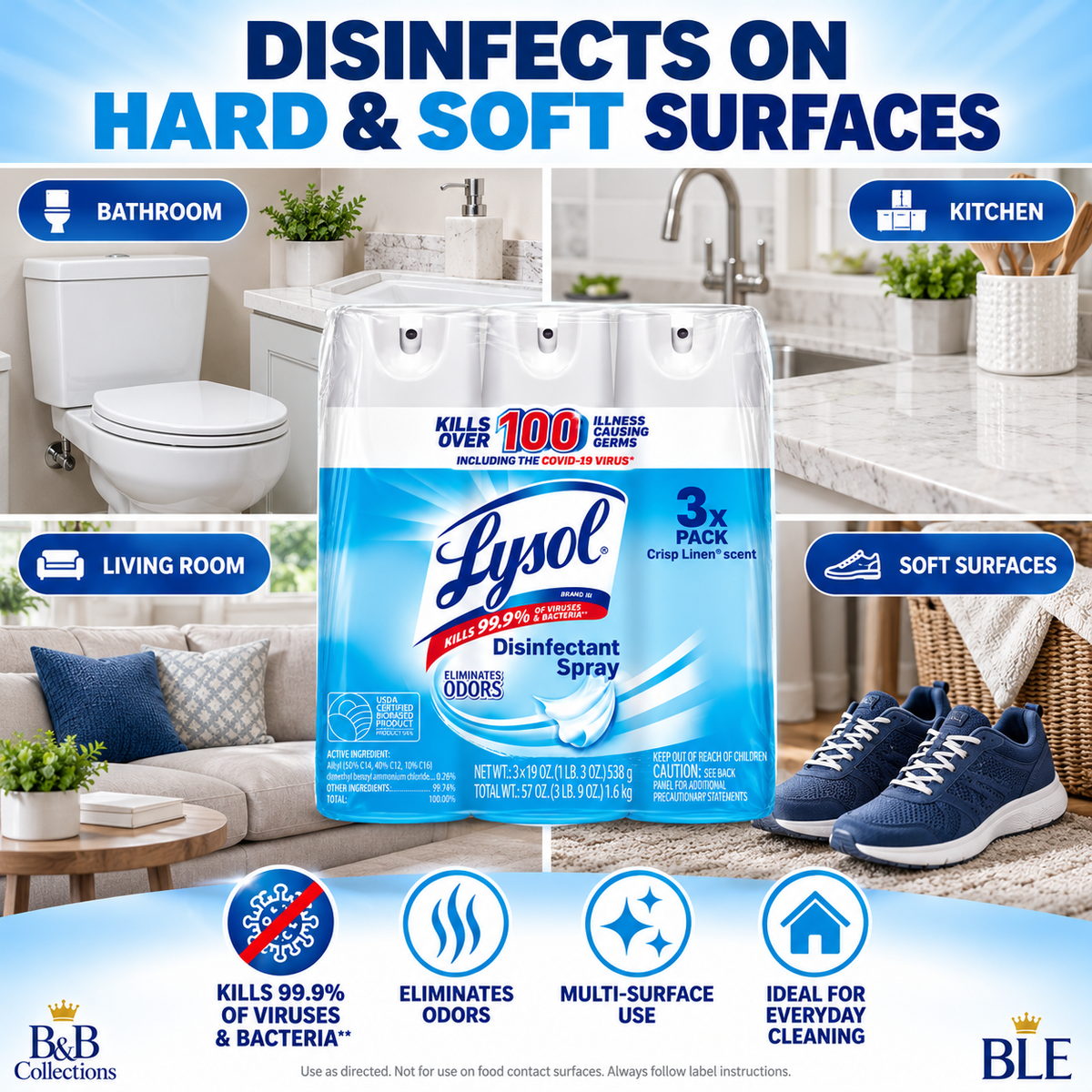 Lysol Disinfectant Spray, Crisp Linen Scent, 19 oz Cans, Kills 99.9% of Viruses & Bacteria, Odor Eliminator, Multi-Surface Disinfecting Spray, 3 Pack