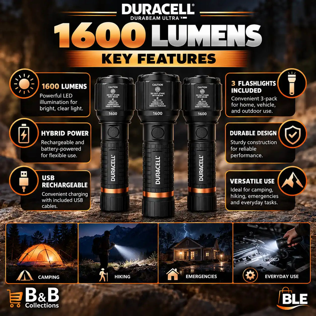 Duracell Hybrid LED Flashlights, 1600 Lumens, 400m Beam Distance, Rechargeable & Battery Powered, 3-Pack, Black
