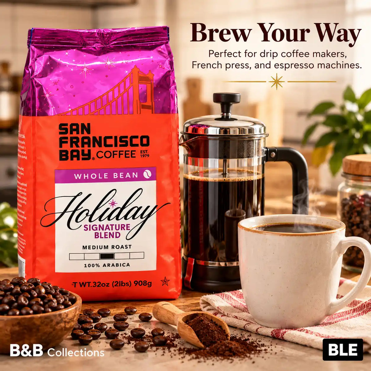 San Francisco Bay Coffee Holiday Signature Blend, Medium Roast, 100% Arabica Whole Bean Coffee, Sweet & Smooth with Notes of Milk Chocolate & Baking Spices, 32 oz (2 lb)