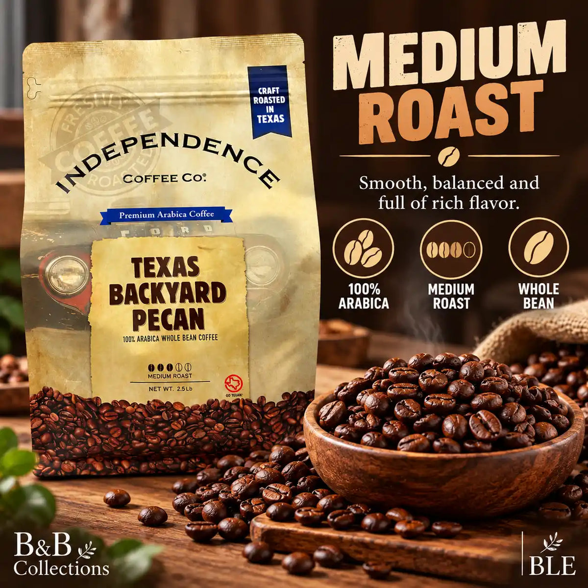 Independence Coffee Co. Texas Backyard Pecan Medium Roast Whole Bean Coffee, 100% Arabica, Craft Roasted in Texas, 2.5 lb (40 oz)