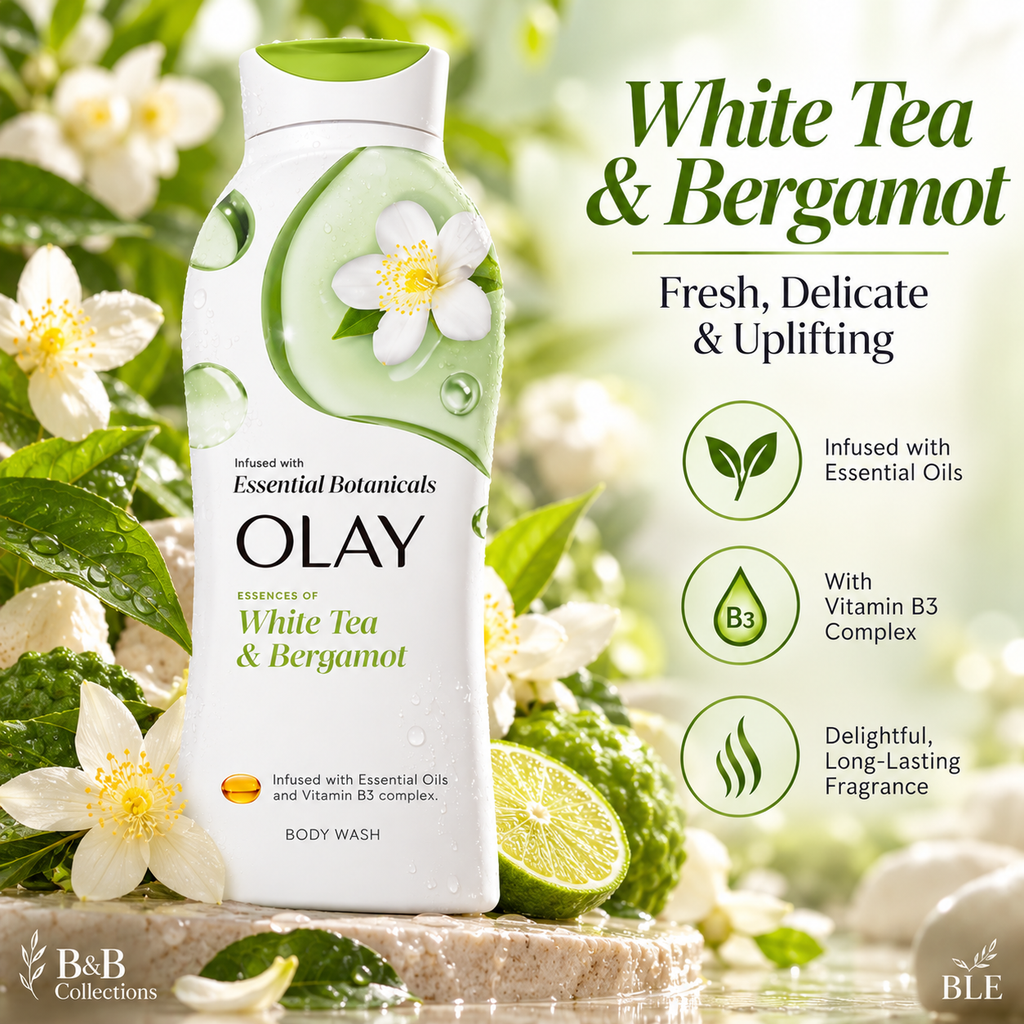 Olay Essential Botanicals Body Wash Variety Pack, Vanilla Cream & Honey, Passionflower & Lychee, White Tea & Bergamot, Essential Oil Infused, 23.6 fl oz Each, 3-Pack
