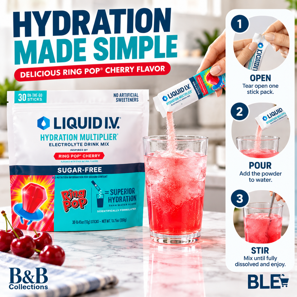Liquid I.V. Hydration Multiplier Sugar-Free Electrolyte Drink Mix, Ring Pop Cherry Flavor, 30 Individual Stick Packs, Resealable Pouch