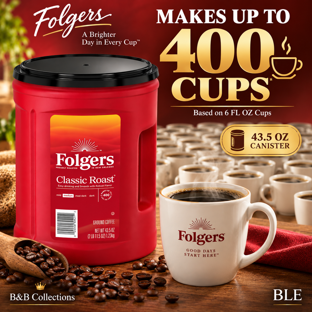 Folgers Classic Roast Ground Coffee, Medium Roast, 43.5 oz Canister