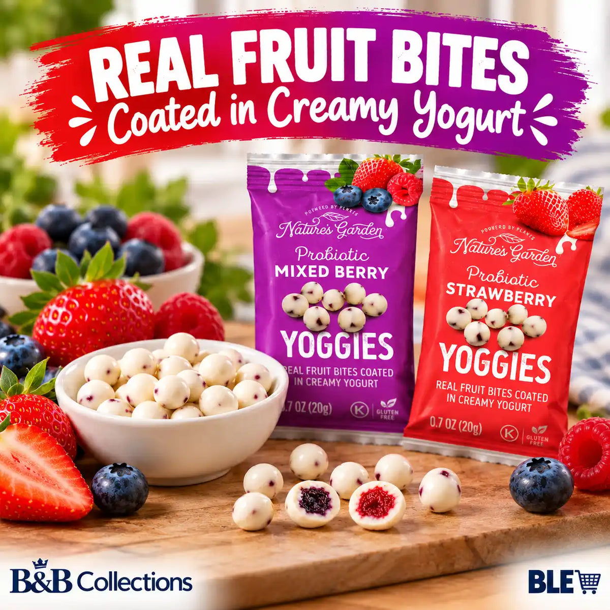 Nature’s Garden Probiotic Yoggies Snack Packs, Strawberry & Blueberry Yogurt-Coated Fruit Bites, 2 Billion Probiotic Cultures, 3g Fiber, 30 Individual Bags, 21 oz