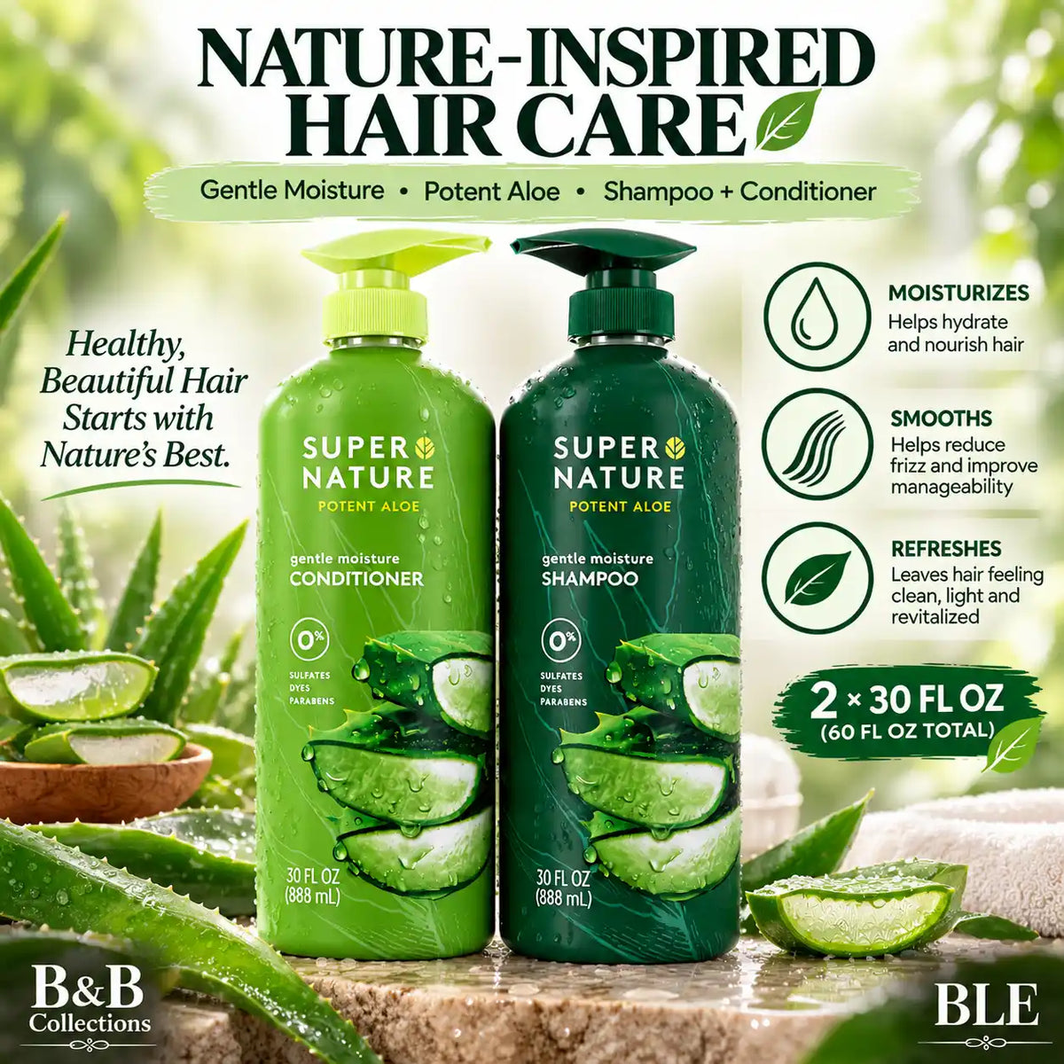 Super Nature Potent Aloe Gentle Moisture Shampoo and Conditioner Sulfates Free, 30 Fl Oz
