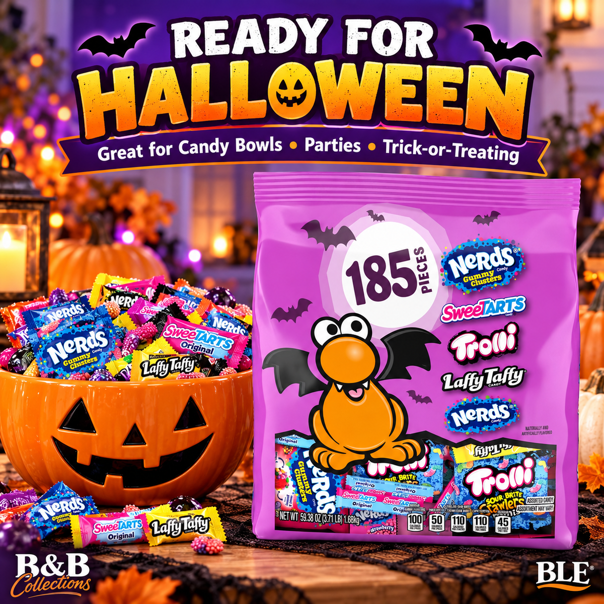 Halloween Assorted Candy Variety Pack, Nerds, SweeTarts, Trolli & Laffy Taffy, 185 Pieces, 59.38 oz (3.71 lb)