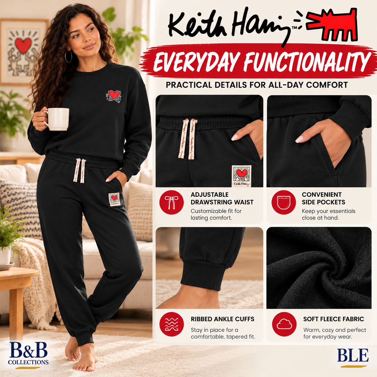 Keith Haring Women's 2-Piece Crewneck Sweatshirt & Jogger Fleece Lounge Set, Black, Large