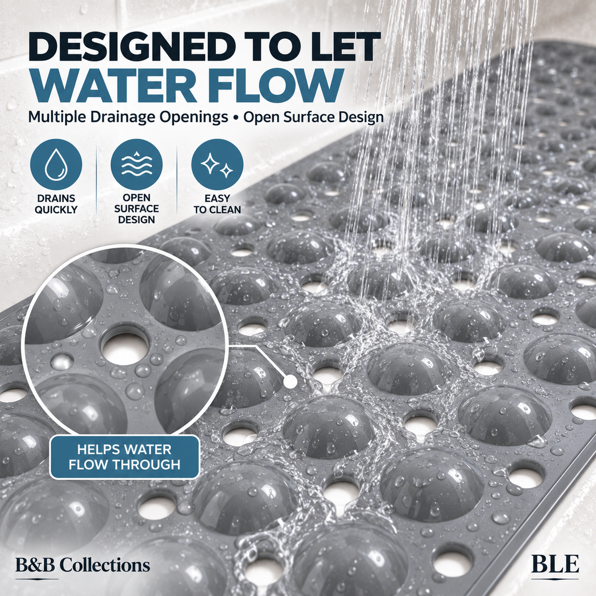 RCH Bath Tub Mat Non-Slip 40 x 16 Inch - Shower Mat for Bathtub with Suction Cups - Machine Washable (LIGHT GREY)