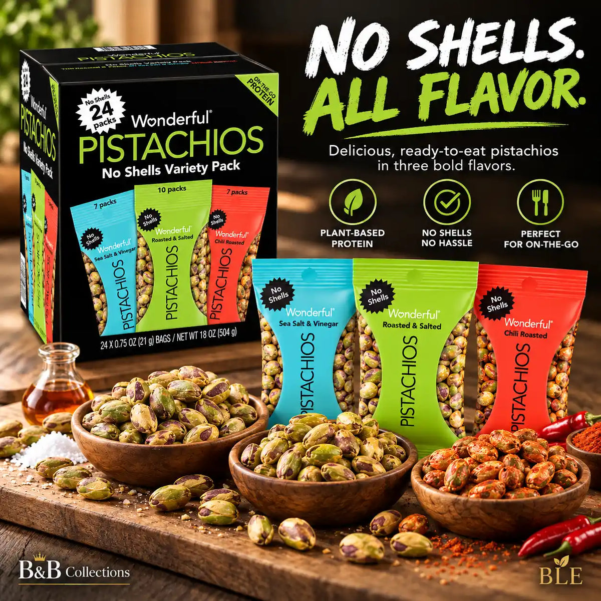Wonderful Pistachios No Shells Variety Pack, 24 Individual Snack Bags, Roasted & Salted, Sea Salt & Vinegar, Chili Roasted, 0.75 oz Each, 18 oz Total