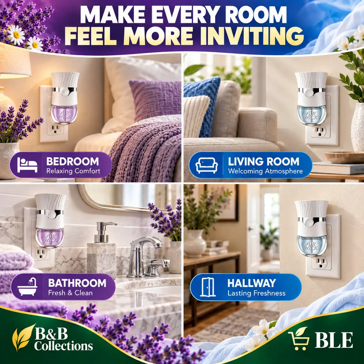 Air Wick Advanced Plug-In Scented Oil Air Freshener Starter Kit, Lavender & Chamomile and Fresh Linen, 1 Warmer + 9 Refills, Up to 720 Days of Fragrance, 7.56 fl oz