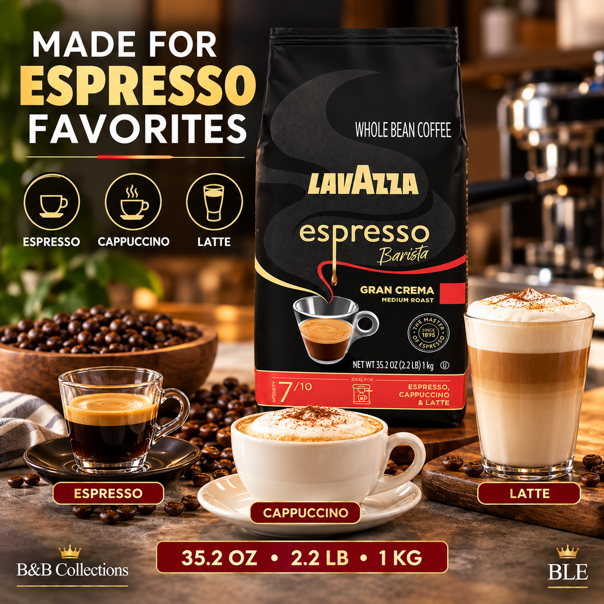Lavazza Espresso Barista Gran Crema Whole Bean Coffee, Medium Roast, Intensity 7/10, 35.2 oz (2.2 lb / 1 kg)