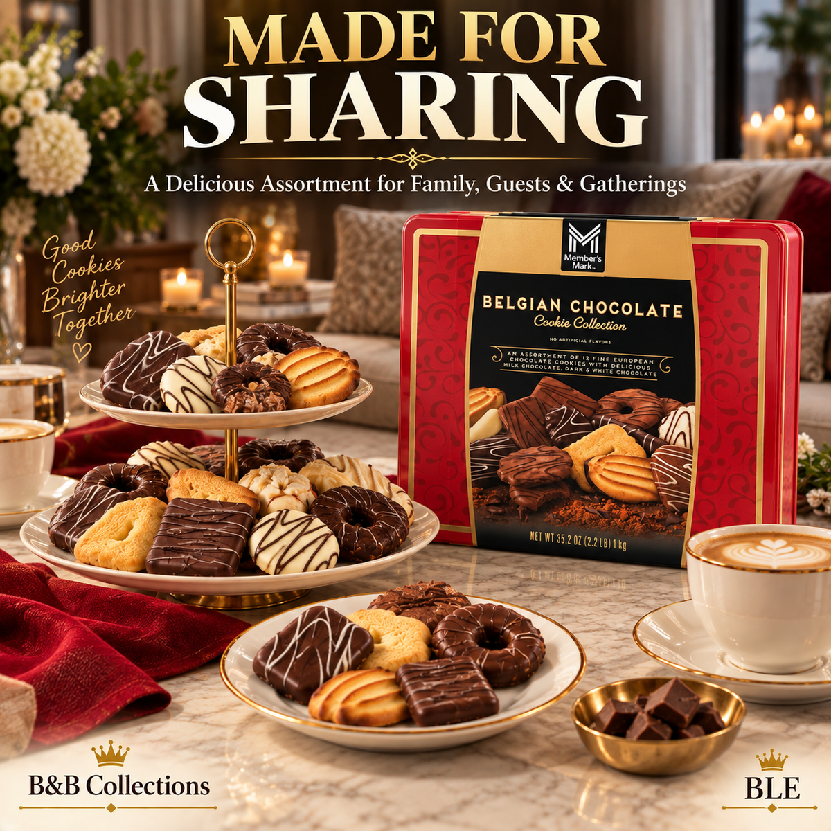 Member’s Mark Belgian Chocolate Cookie Collection, 12 European Cookie Varieties, Milk, Dark & White Chocolate, 35.2 oz Gift Tin
