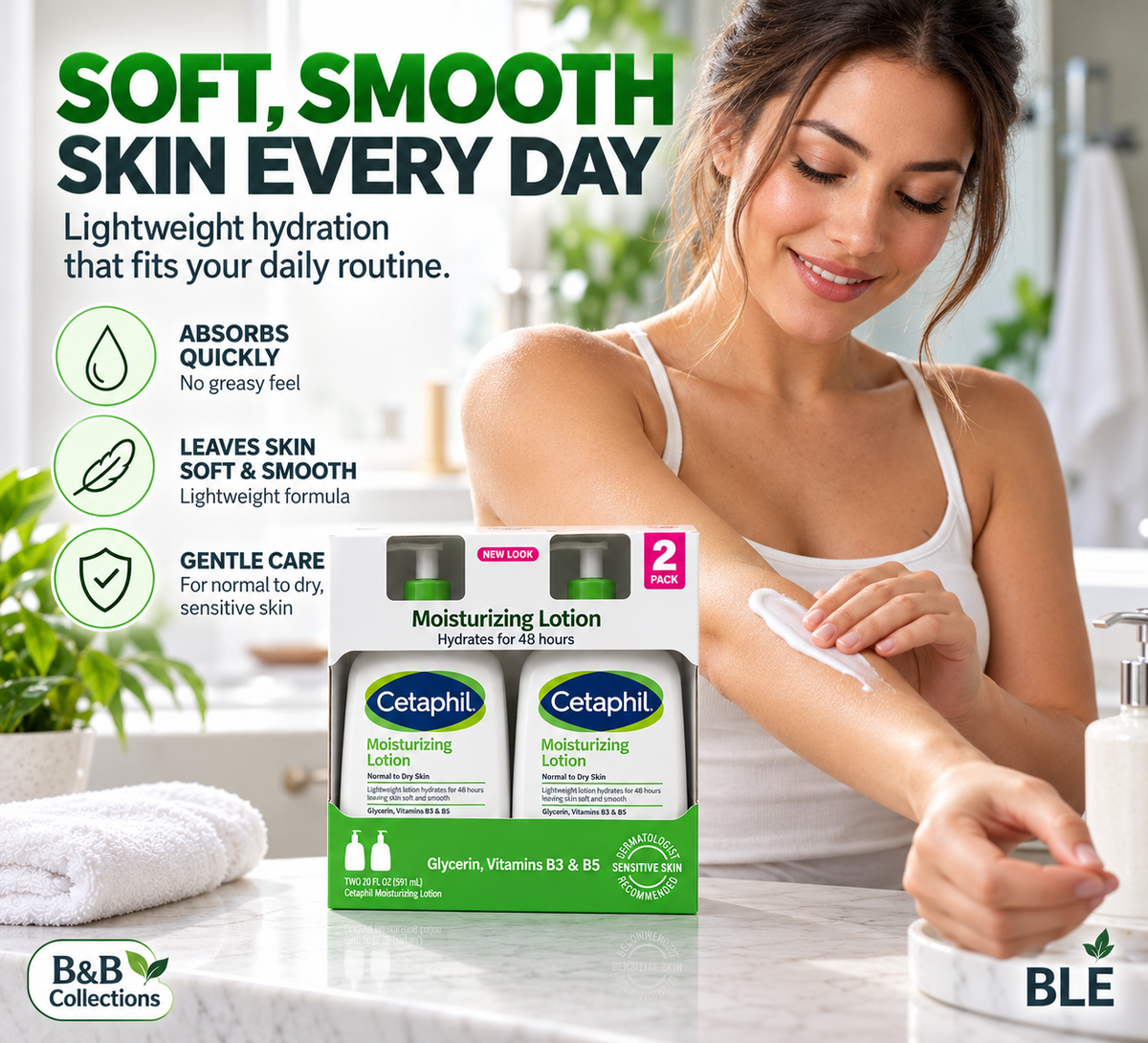 Cetaphil Moisturizing Lotion for Normal to Dry Sensitive Skin, 48-Hour Hydration, Glycerin, Vitamins B3 & B5, 20 fl oz Each, 2-Pack