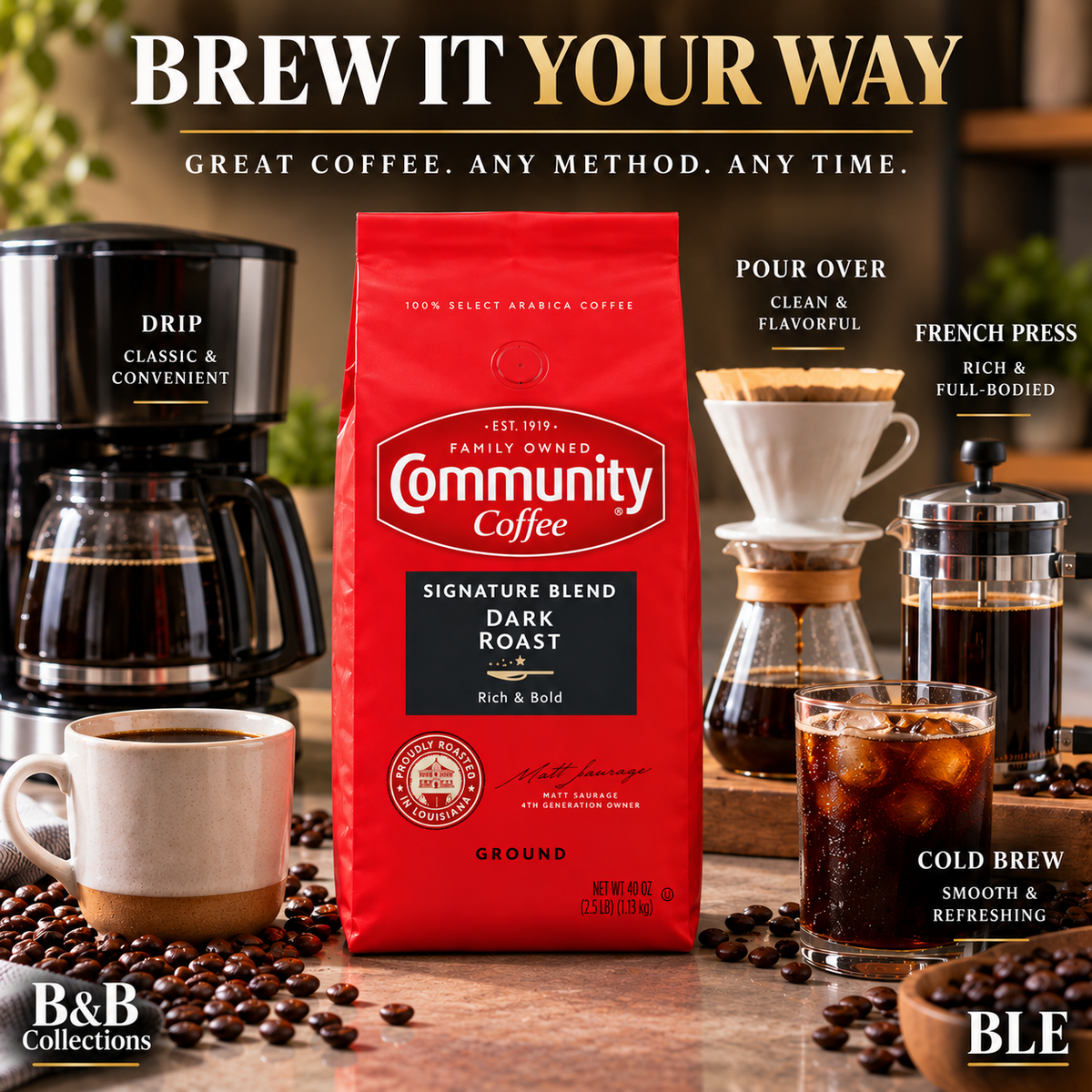 Community Coffee Signature Blend Dark Roast Ground Coffee, Rich & Full-Bodied, 100% Arabica, 40 oz