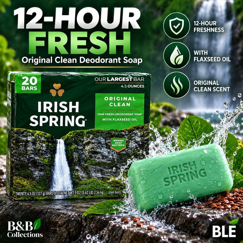 Irish Spring Original Clean Deodorant Bar Soap with Flaxseed Oil, 12-Hour Fresh, 4.5 oz Bars, 20 Count, 90 oz Total