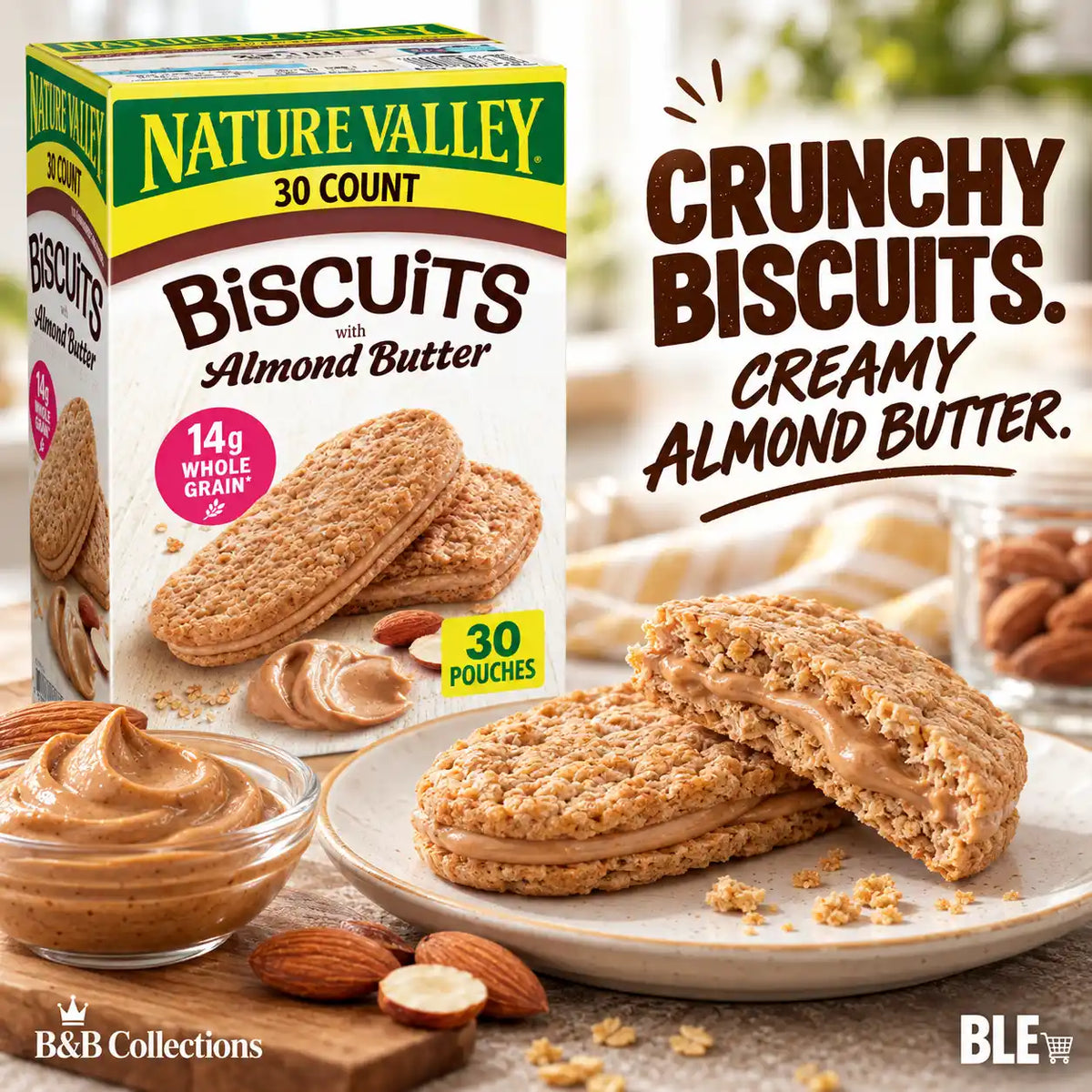 Nature Valley Biscuits with Almond Butter, Whole Grain Sandwich Biscuits, 14g Whole Grain, Individually Wrapped Snack Pouches, 30 Count