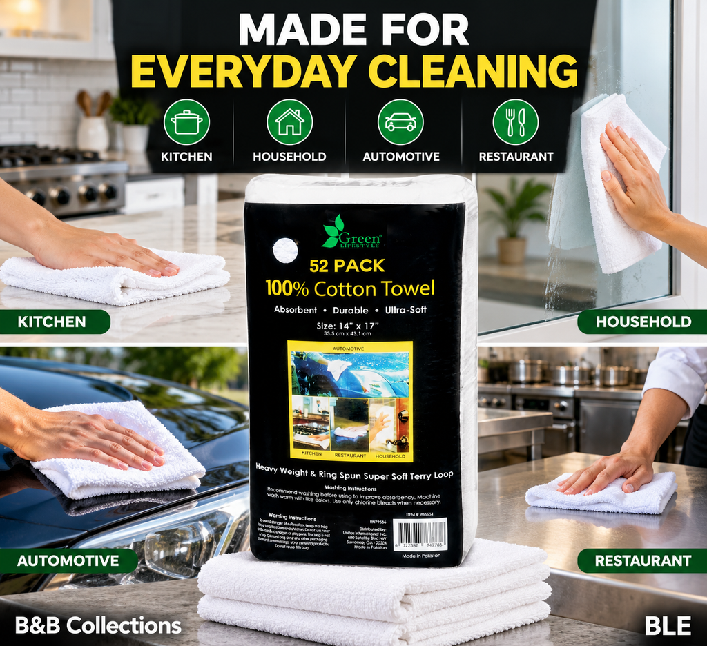 Green Lifestyle 100% Cotton Terry Towels, 52 Pack, 14" x 17", Absorbent Heavyweight Reusable Cleaning Towels, White