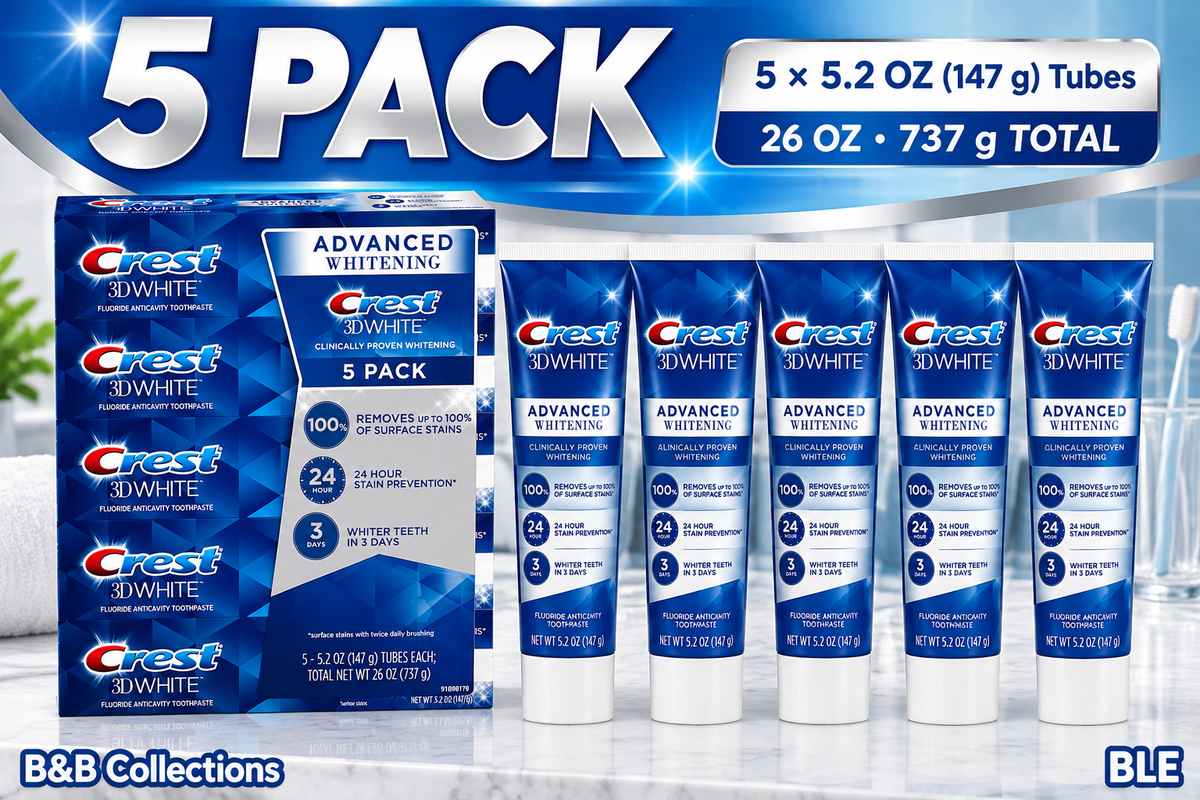 Crest 3D White Advanced Whitening Fluoride Anticavity Toothpaste, 5.2 oz Tubes, 5 Pack, 26 oz Total