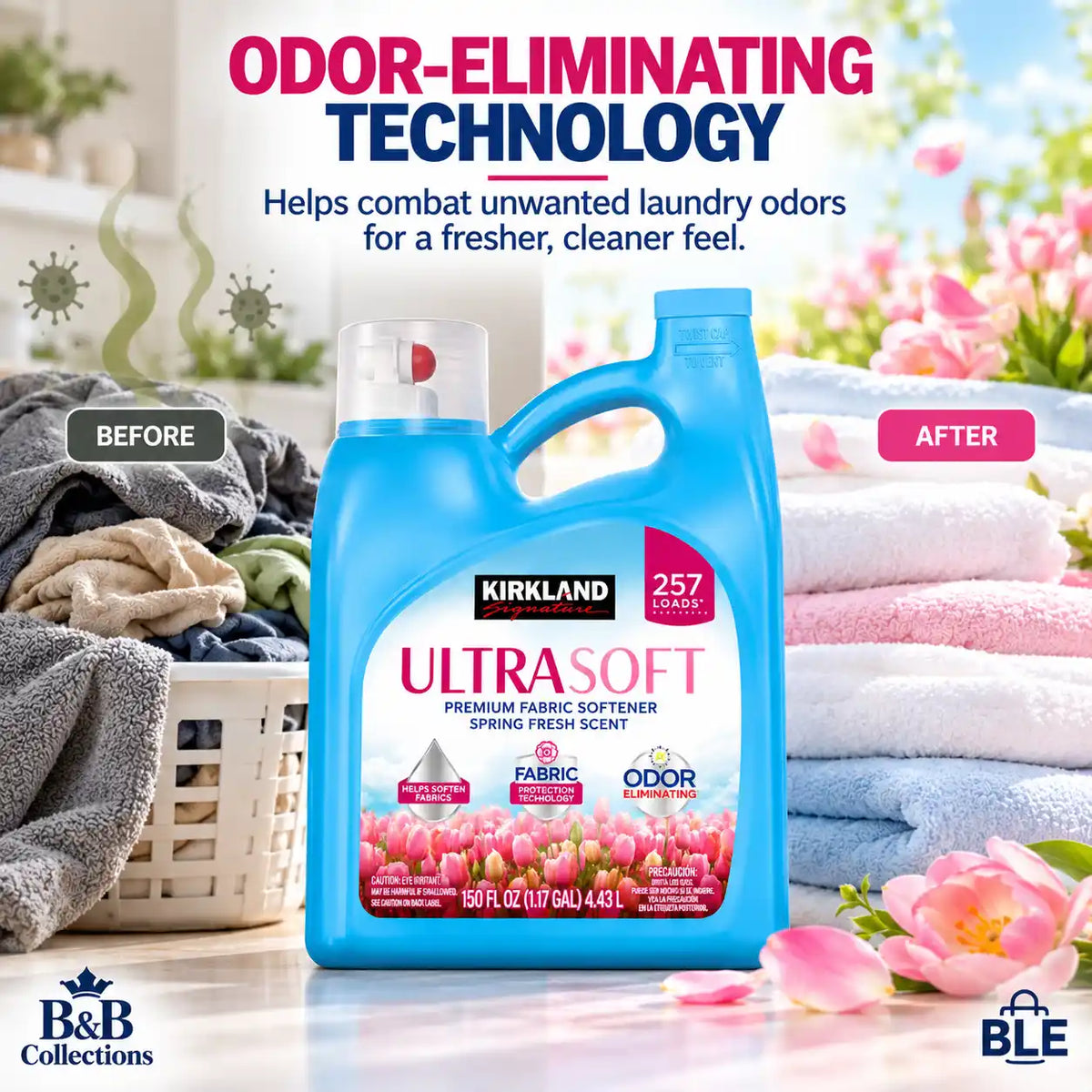 Kirkland Signature UltraSoft Premium Fabric Softener, Spring Fresh Scent, Odor Eliminating, Fabric Protection, 150 fl oz (4.43 L), 257 Loads