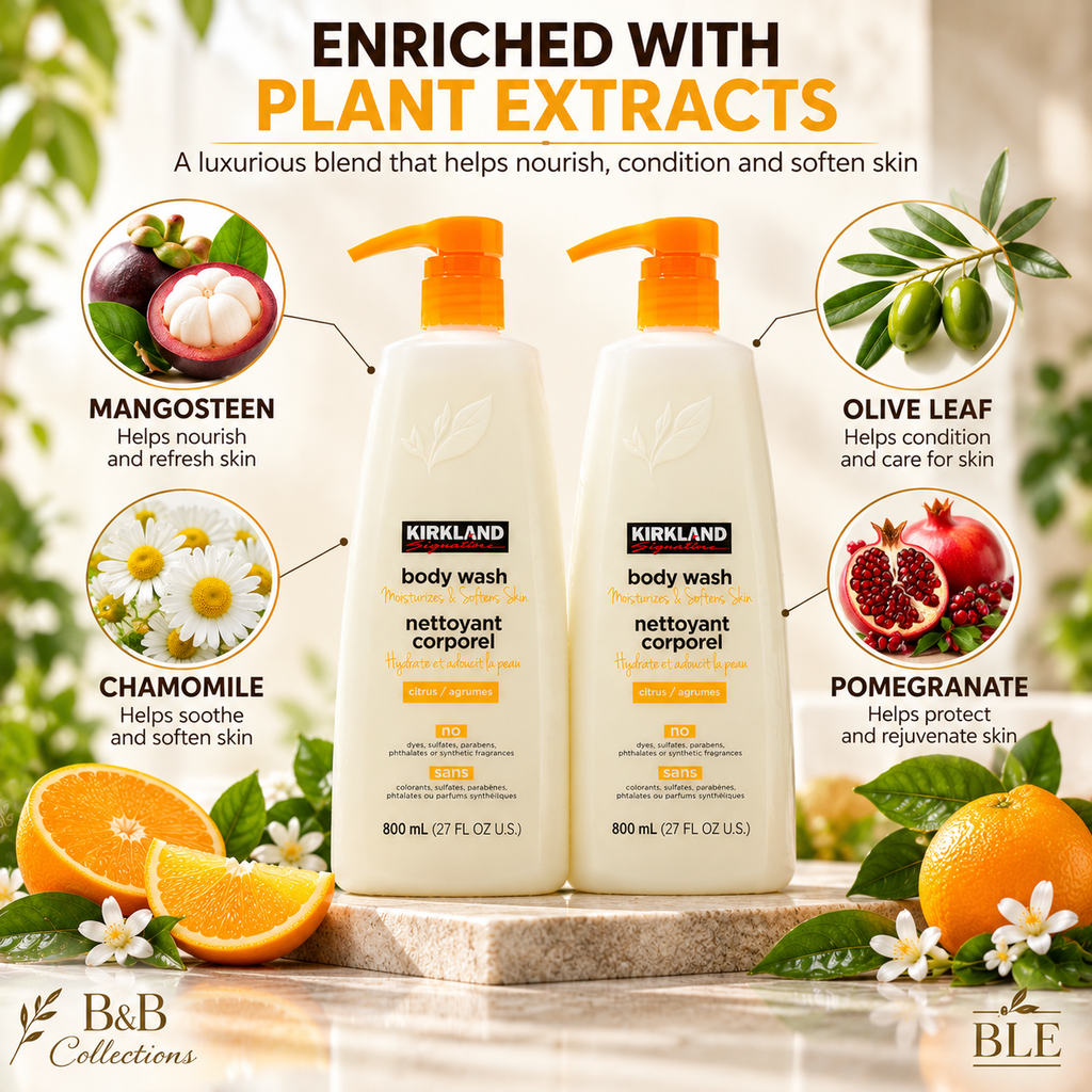 Kirkland Signature Citrus Body Wash, 2-Pack, 27 fl oz Each (54 fl oz Total) – Moisturizes & Softens Skin, Vegan Formula with Plant Extracts, Refreshing Citrus Scent, Pump Bottles