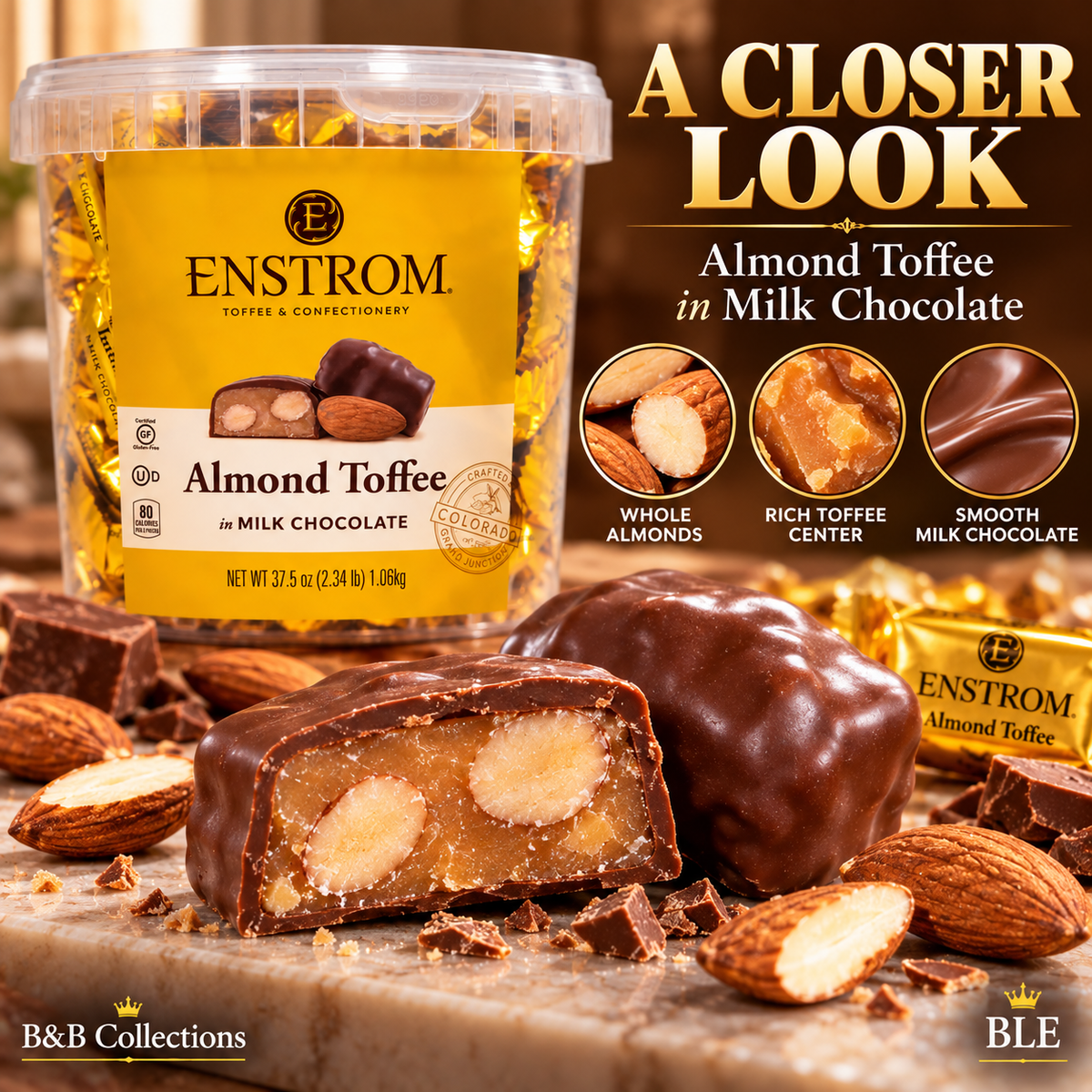 Enstrom Almond Toffee in Milk Chocolate, Individually Wrapped, 37.5 oz (2.34 lb / 1.06 kg) Tub