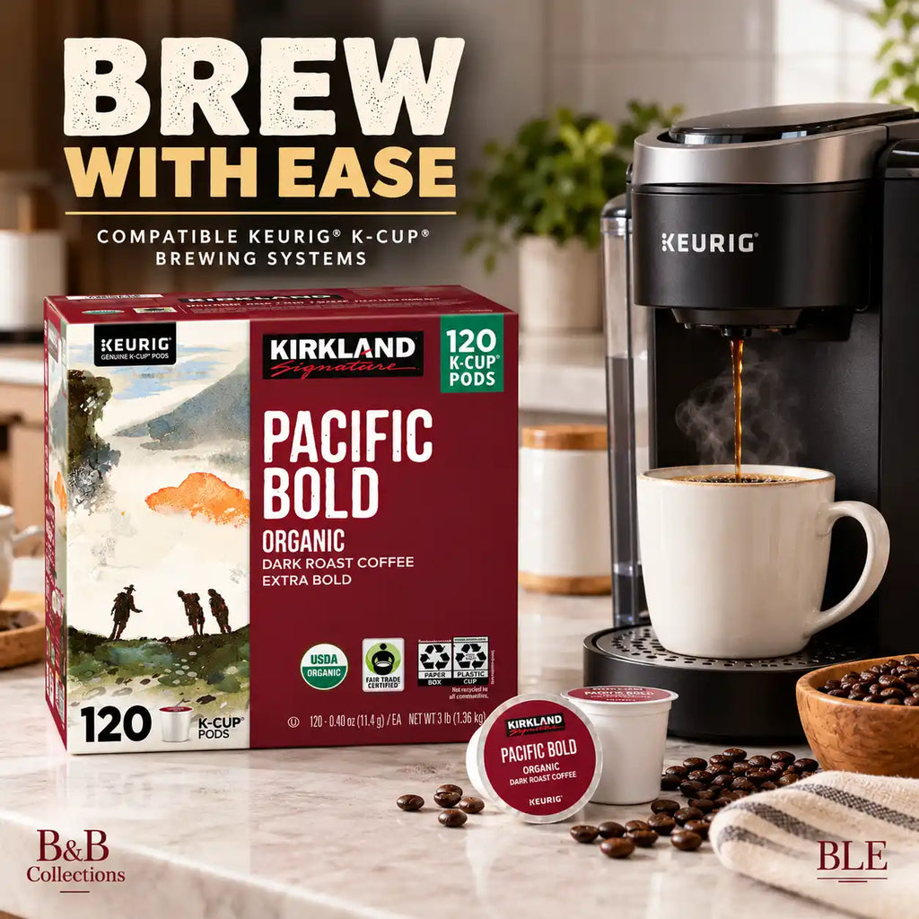 Kirkland Signature Pacific Bold Organic Dark Roast Coffee, Extra Bold, Fair Trade Certified, Keurig K-Cup Pods, 120 Count