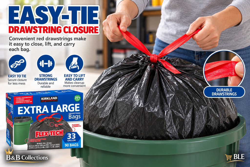 Kirkland Signature Flex-Tech Extra Large Drawstring Trash Bags, 33 Gallon, 90 Count