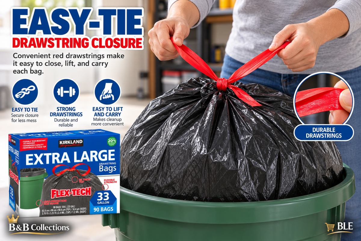 Kirkland Signature Flex-Tech Extra Large Drawstring Trash Bags, 33 Gallon, 90 Count