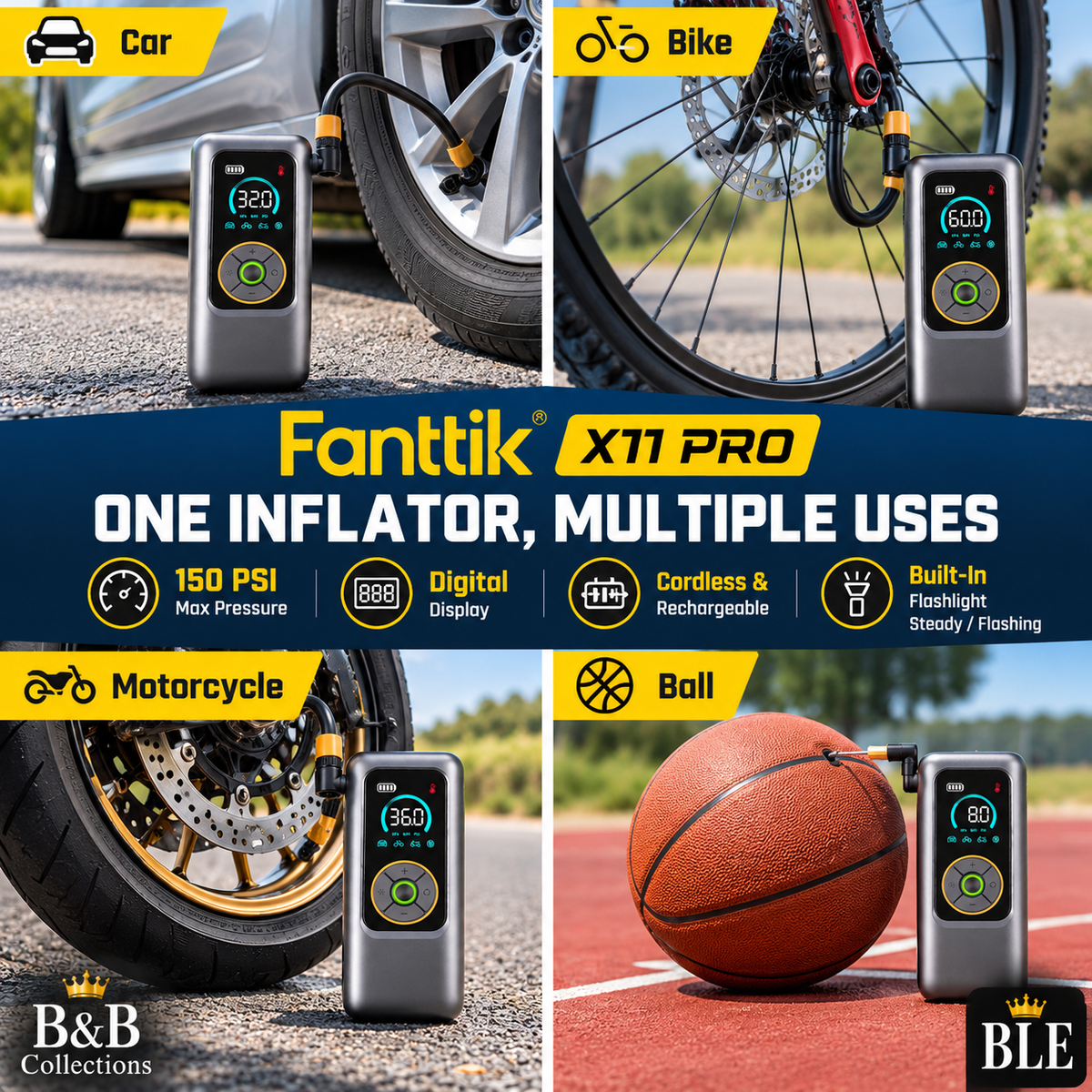 Fanttik X11 Pro Portable Tire Inflator, Cordless Rechargeable Air Compressor, 150 PSI Digital Tire Pump with LED Flashlight for Cars, Bikes, Motorcycles & Balls