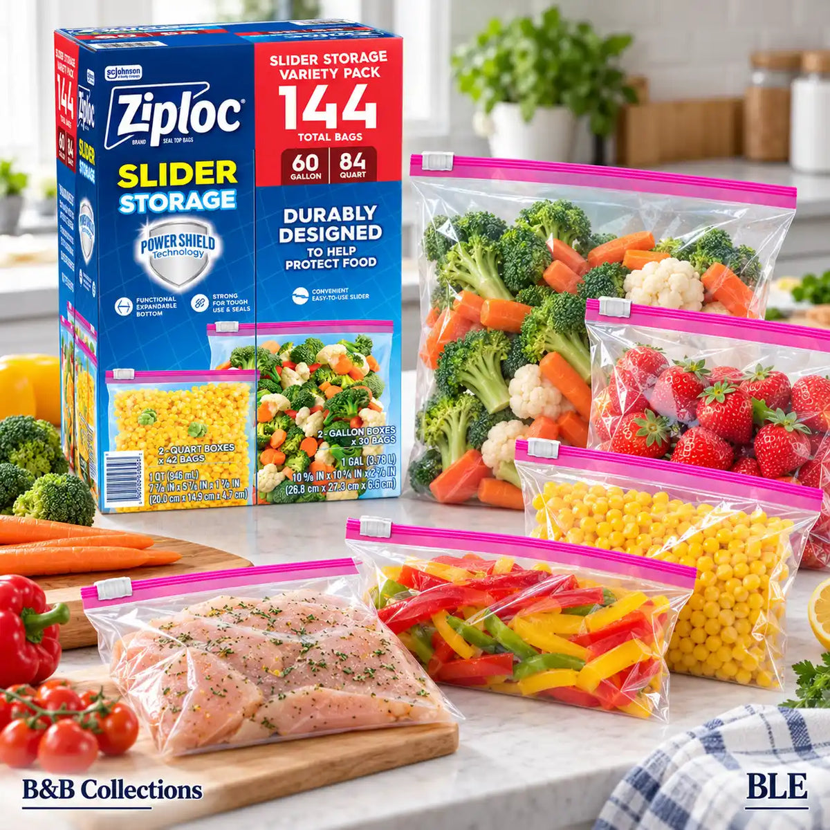 Ziploc Slider Storage Bags Variety Pack, Power Shield Technology, Gallon & Quart Sizes, 144 Total Bags (60 Gallon + 84 Quart)