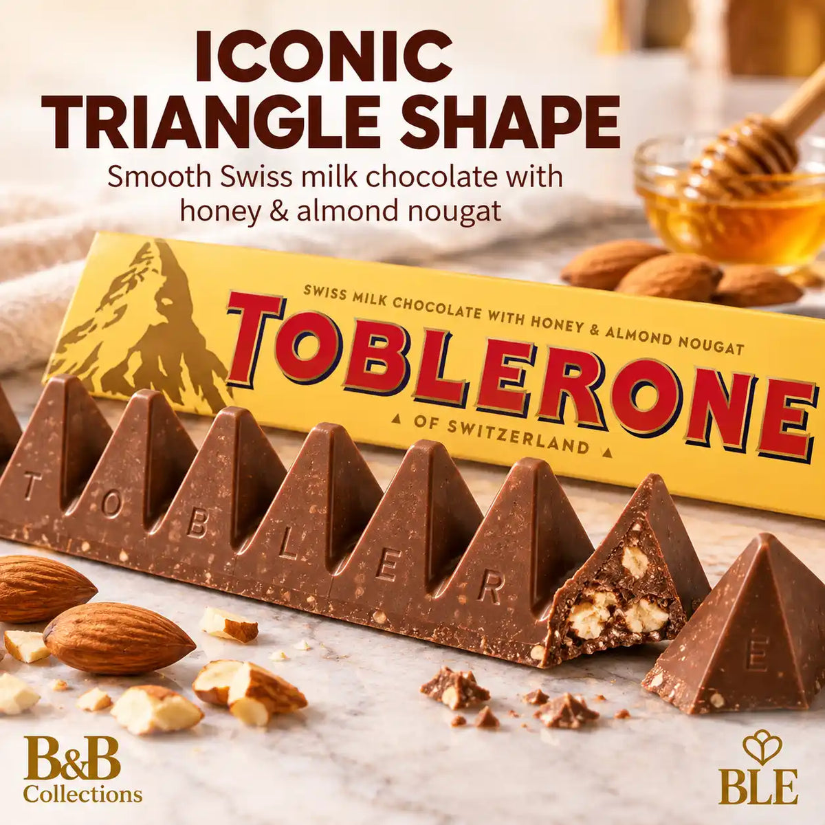Toblerone Swiss Milk Chocolate with Honey & Almond Nougat, Triangle Chocolate Bars, 6-Pack